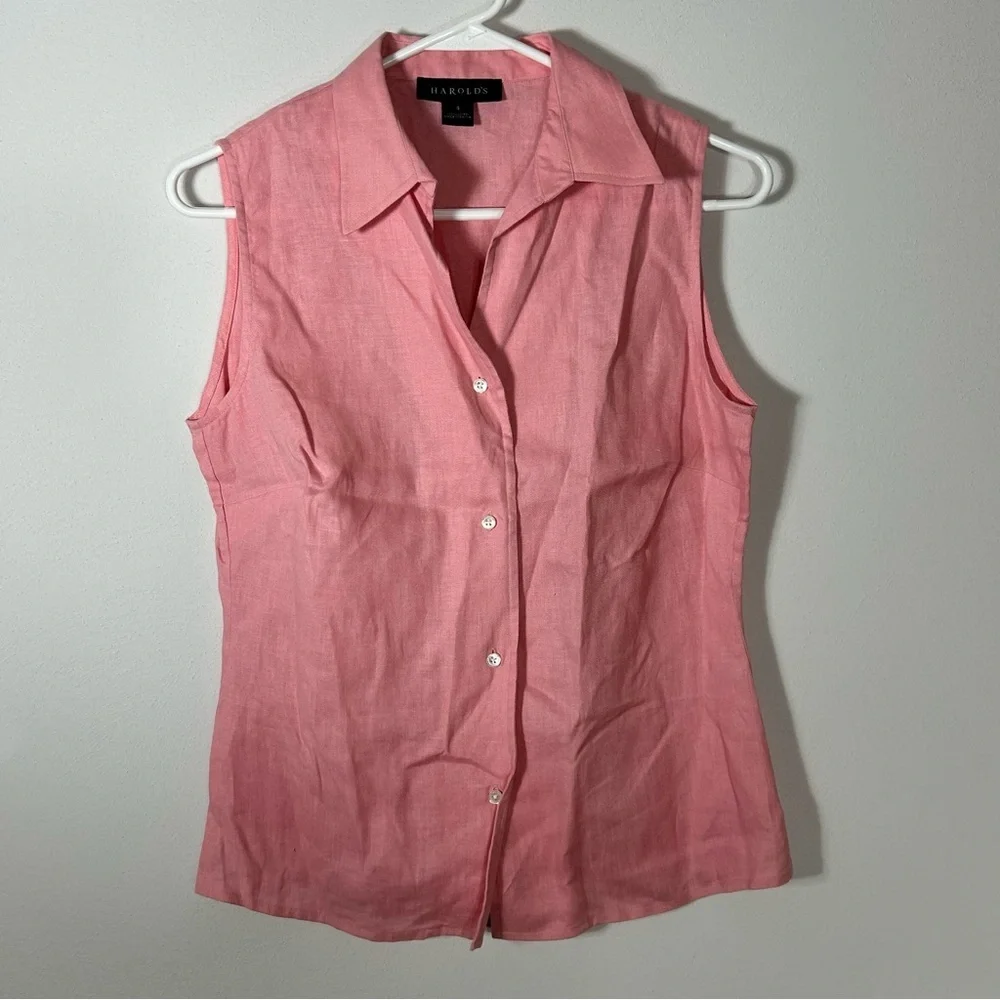 Harold's Pink Linen Button-Down Fitted Sleeveless Collared Top Size 4 - Picture 1 of 7